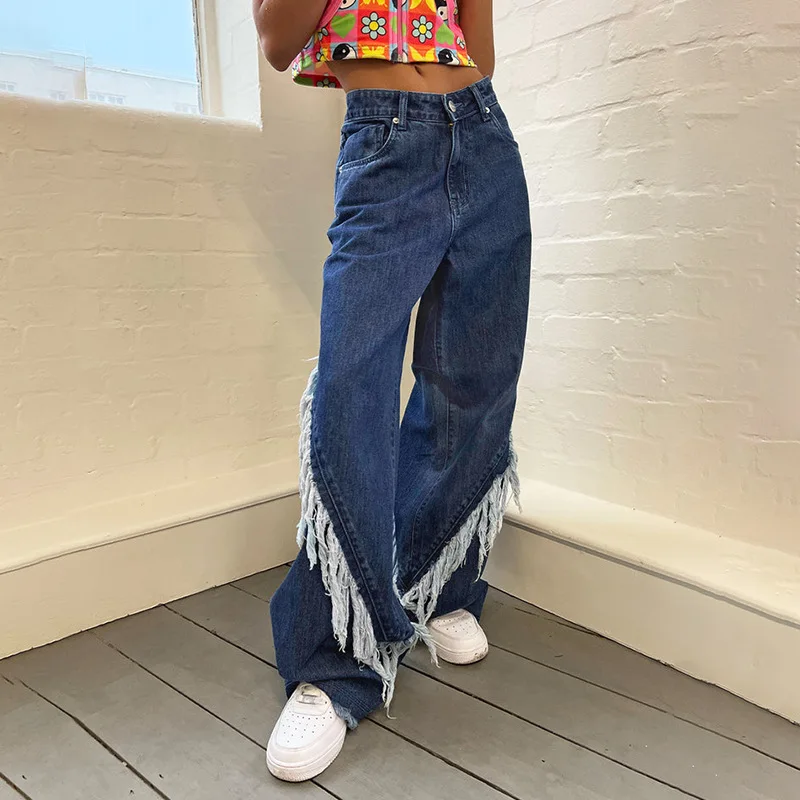 

Street Style High Waist Jeans Fashion New Loose Solid Wide Leg Pants Vintage Symmetrical Tassel Design Straight Denim Trousers