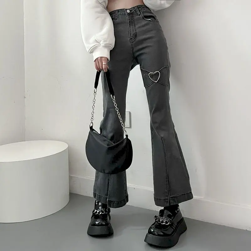 

Y2k 90s Boot Cut Jeans Women Black Gray High Waist Heart-shaped Skinny Spring and Autumn Long Trousers Slit Design Women Pants