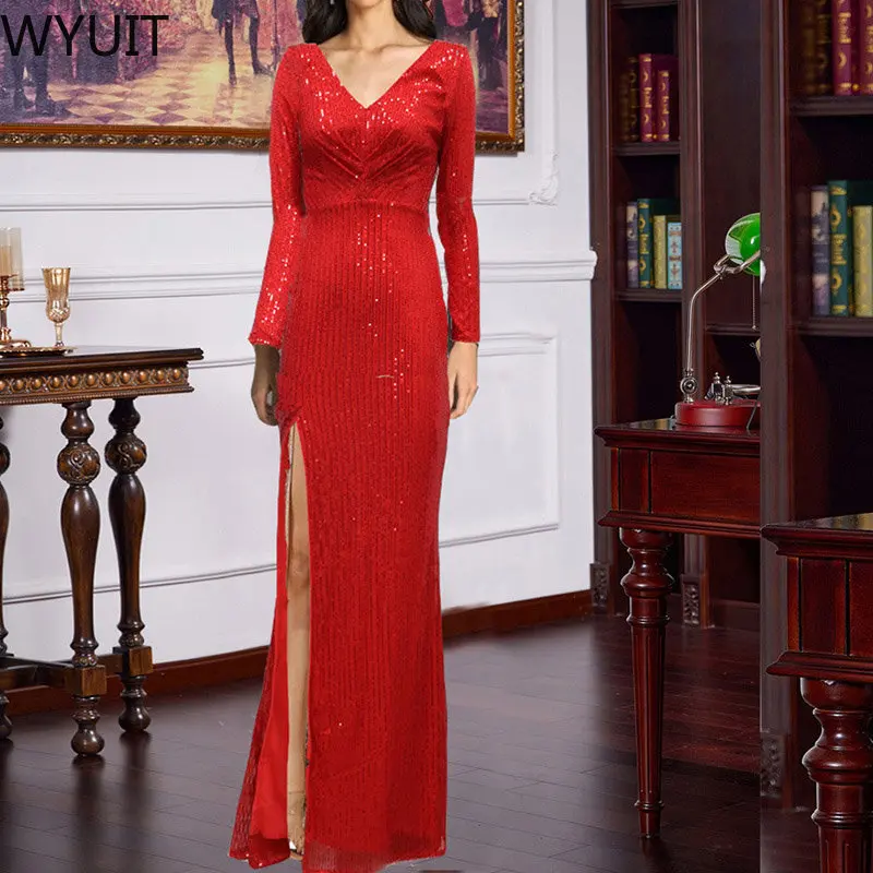 

Lady Fashion Design Sequni Shiny Slim Maxi Dress Women Elegant Long Sleeve Party Dress Sexy V Neck Slit Long Dress Evening Gown
