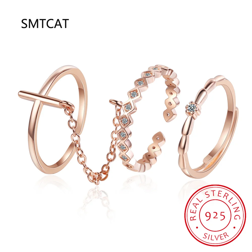 

3PCS/SET Korea Trendy Rose Gold Chain Open Rings for Women Silver 925 Cross Ring Set Party Jewelry Gifts