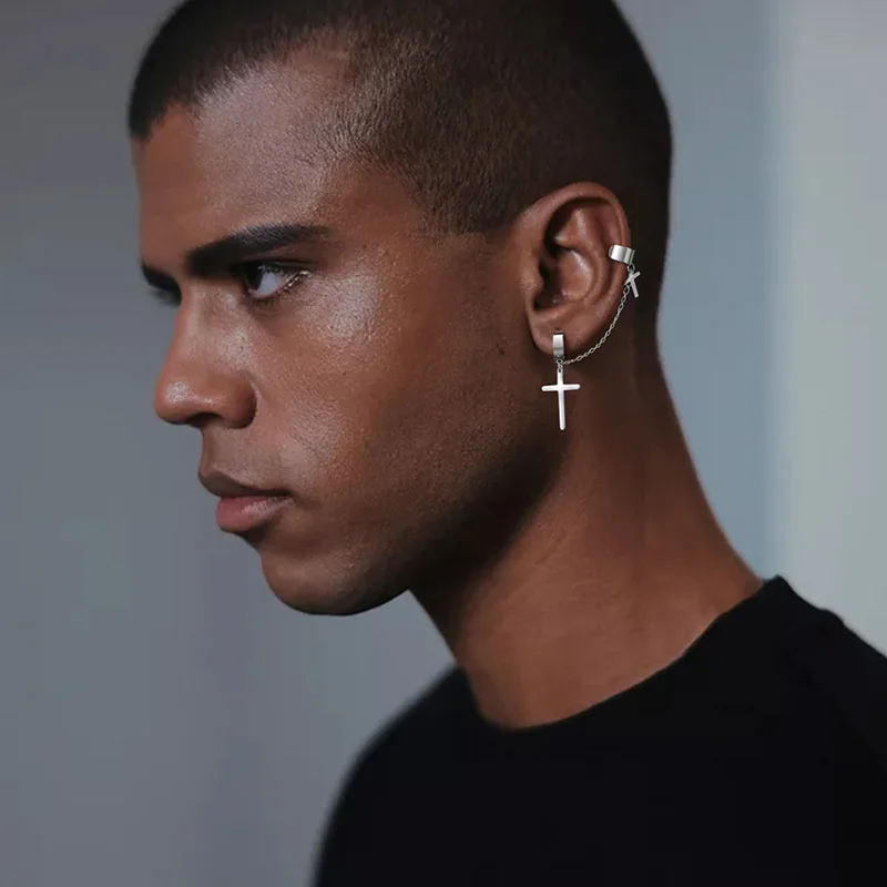 

Cross Dangle Drop Earrings for Men, Rock Punk Hypoallergenic Cartilage Hugging Cuff Ear Clips Gifts Jewelry