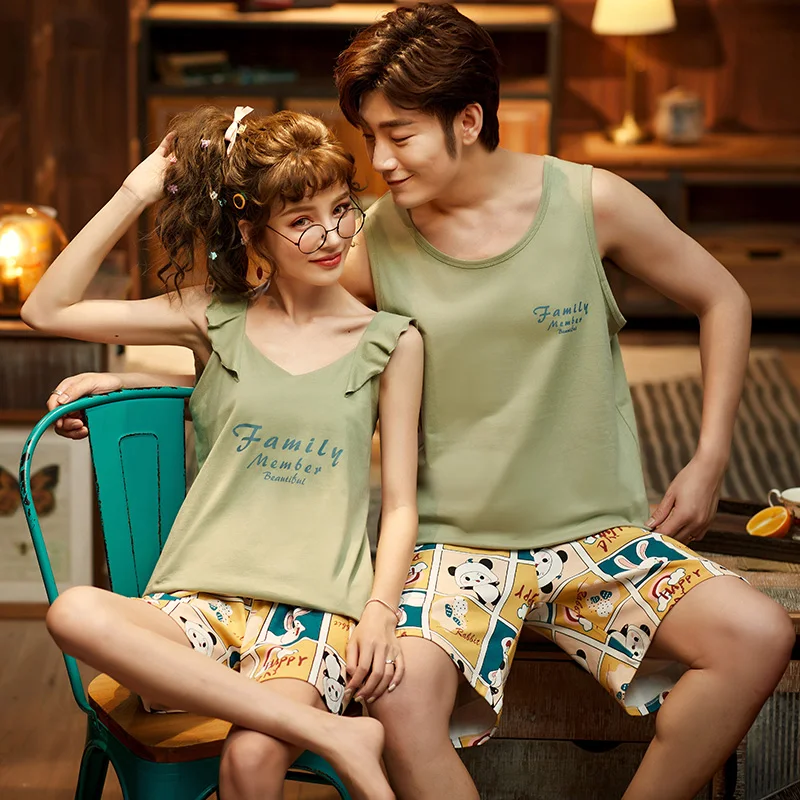 Летняя трикотажная Хлопковая пижама для пар жилет с мультяшным рисунком