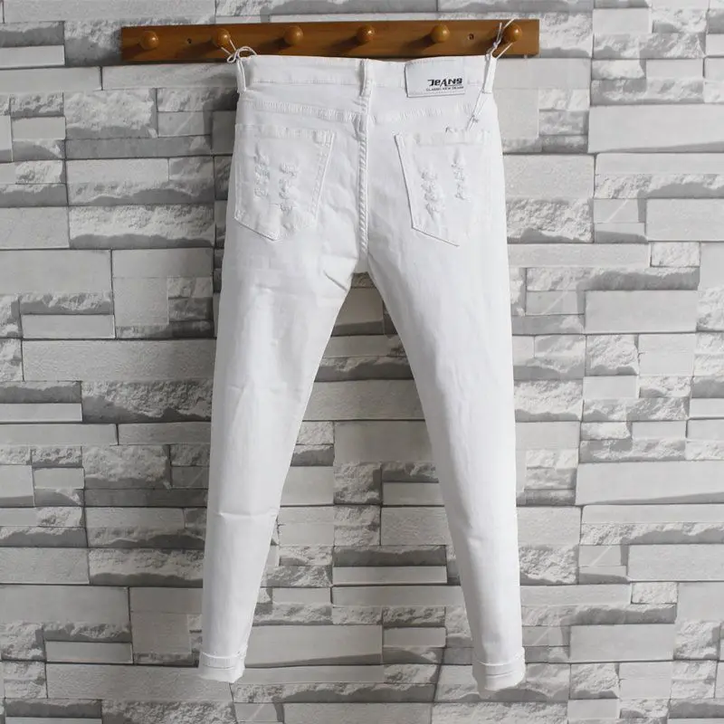 Модные уличные роскошные белые джинсы для мужчин облегающие хлопковые брюки в