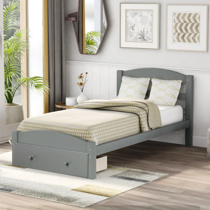 

Platform Twin Bed Frame with Storage Drawer and Wood Slat Support No Box Spring Needed\ Gray Gray Solid Wood [US