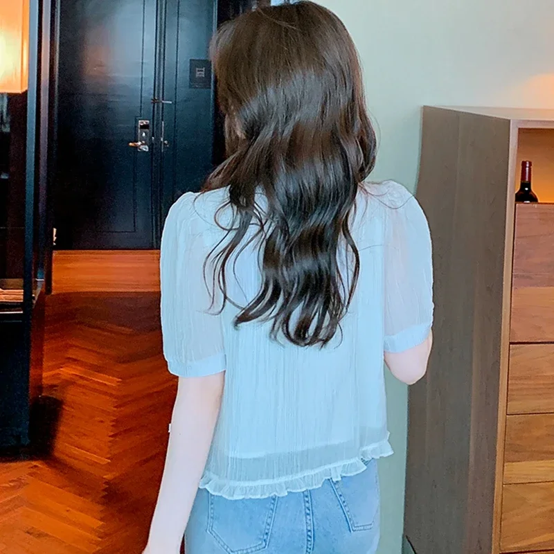 Модные шифоновые рубашки лето 2024 женские корейские топы с v-образным вырезом