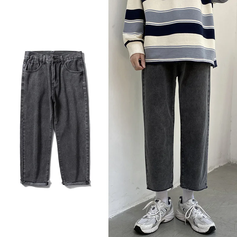 

Men's Streetwear Smoky ray Bay Jeans 2021 Autumn New Fasion Strait Denim Cropped Trousers Wide Le Pants Male