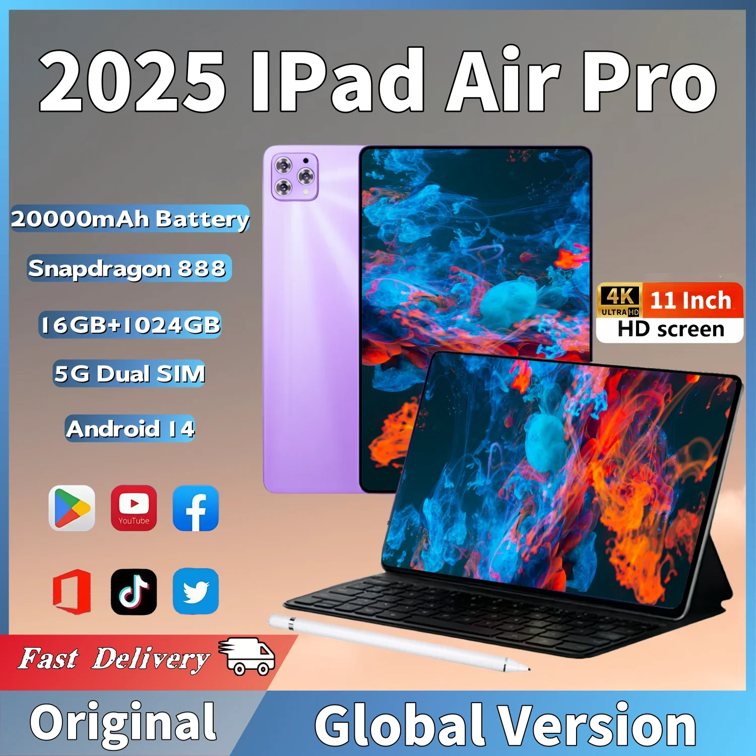 10 1-дюймовый новый оригинальный планшет Xioami IPad Air Pro Android 14 Snapdragon 870 HD 16 ГБ + 1 ТБ 20000