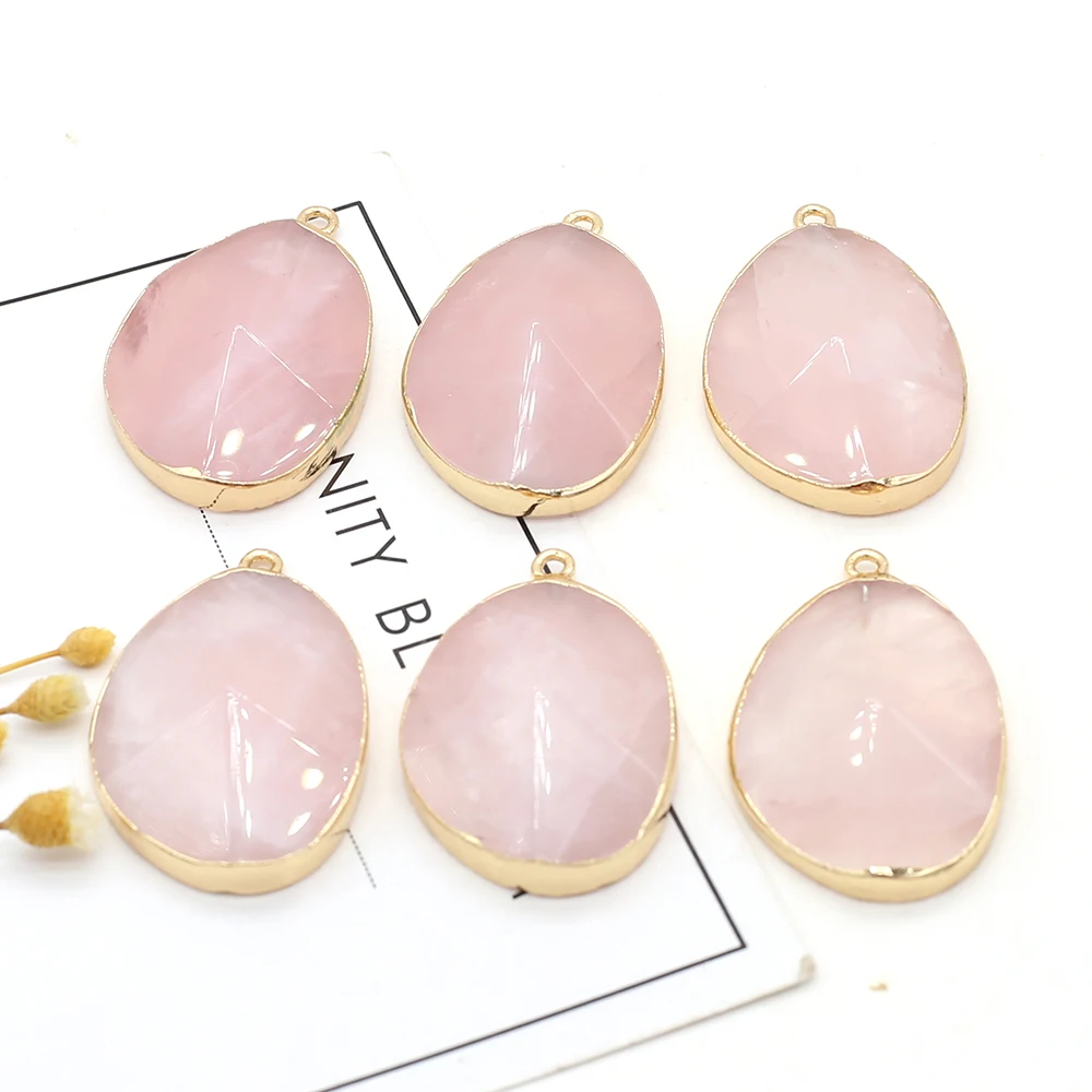 

Natural Stone Pendants Irregular Round Faceted Healing Rose Quartz Stone Pink Crystal Charms for Jewelry Making Women Gift