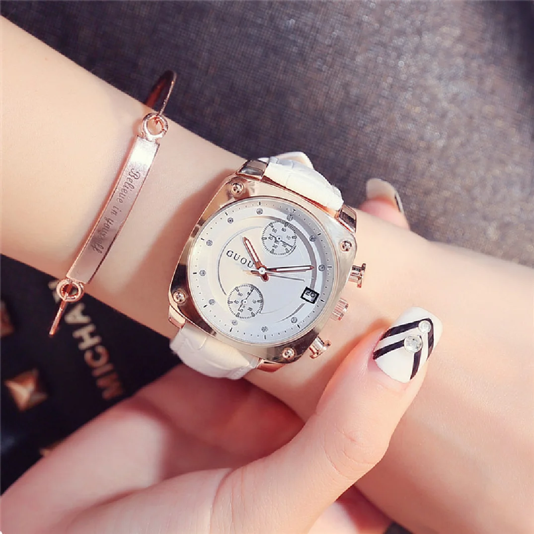 Fashion TOP GUOU Brand Women Calendar Watches Lady's Luxury Wristwatches Genuine Leather Dress Watch Square watch Bracelet Clock enlarge