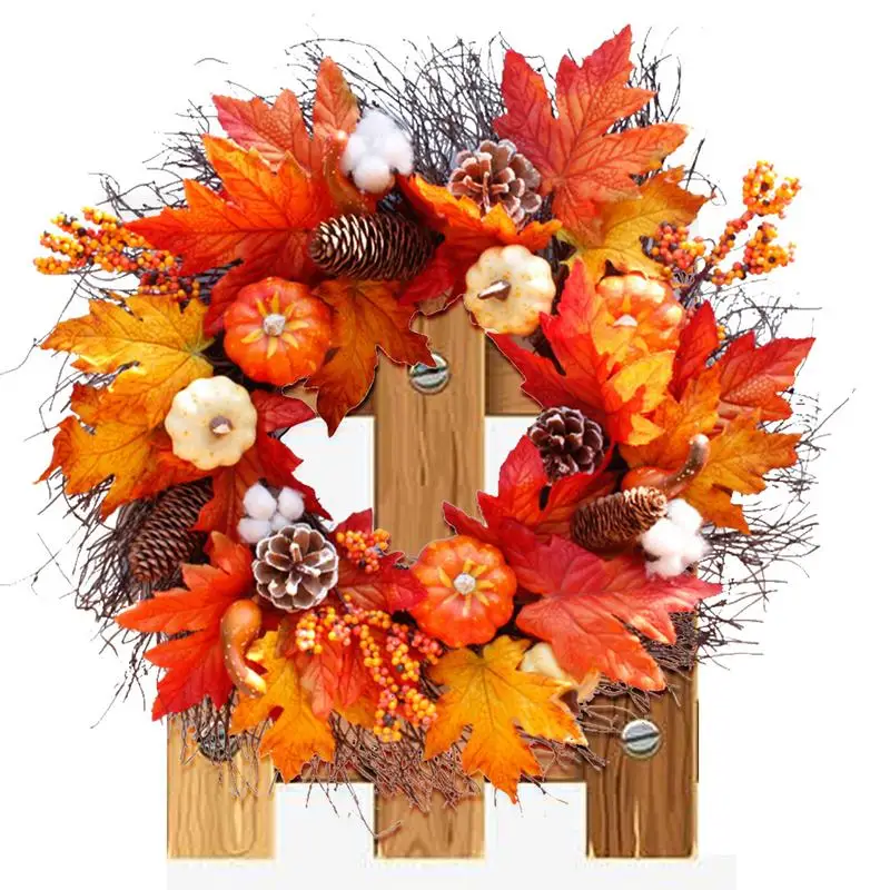

Fall Pumpkin Wreath Artificial Maple Leaf Wreaths 21.65inch Holiday Garland With Pumpkins Berry Cluster Hanger Decor For Autumn