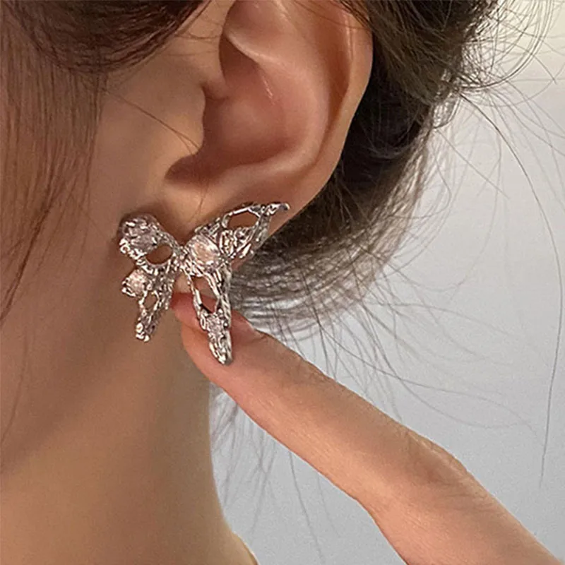 

VENTFILLE Silver Color Liquid Lava Bow Earrings For Women Girl Irregular Zircon Jewelry Birthday Gift Dropship Dropshipping