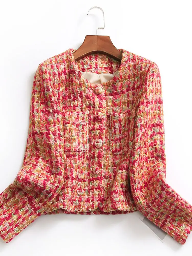 

Women's Colorful Plaid Braided Crewneck Jacket Vintage Style Coat