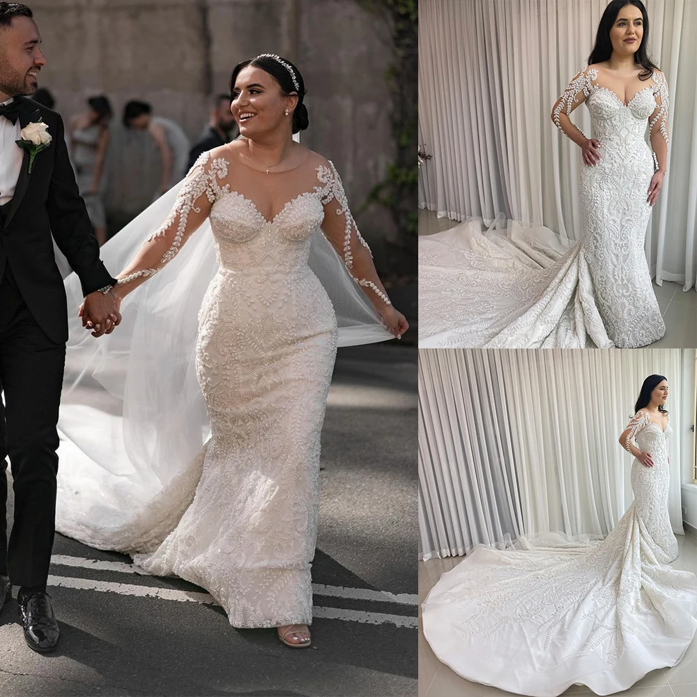 

Vintage Mermaid Lace Wedding Dress 2022 Full Sleeve Jewel Neck Sexy Backless Boho Dresses Bridal Gowns Robe De Mariage Vestido