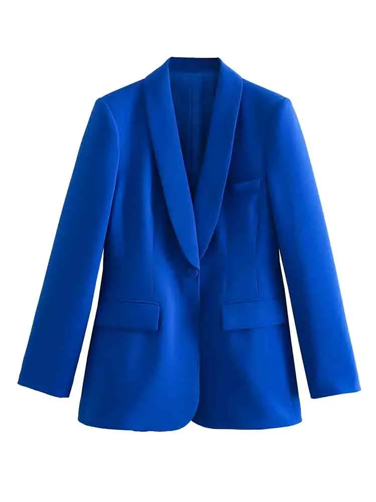 

TRAF Blue Blazer Suit 2023 Spring Single Button Jacket Elegant Office Lady Blazers Coat Long Sleeve Female Outwear Chic Top