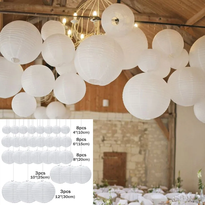 

30pcs/set 4"-12" White Chinese Paper Lantern Balls Eid Mubarak Hanging Round Lanterns Wedding Birthday Party Ramadan Decorations