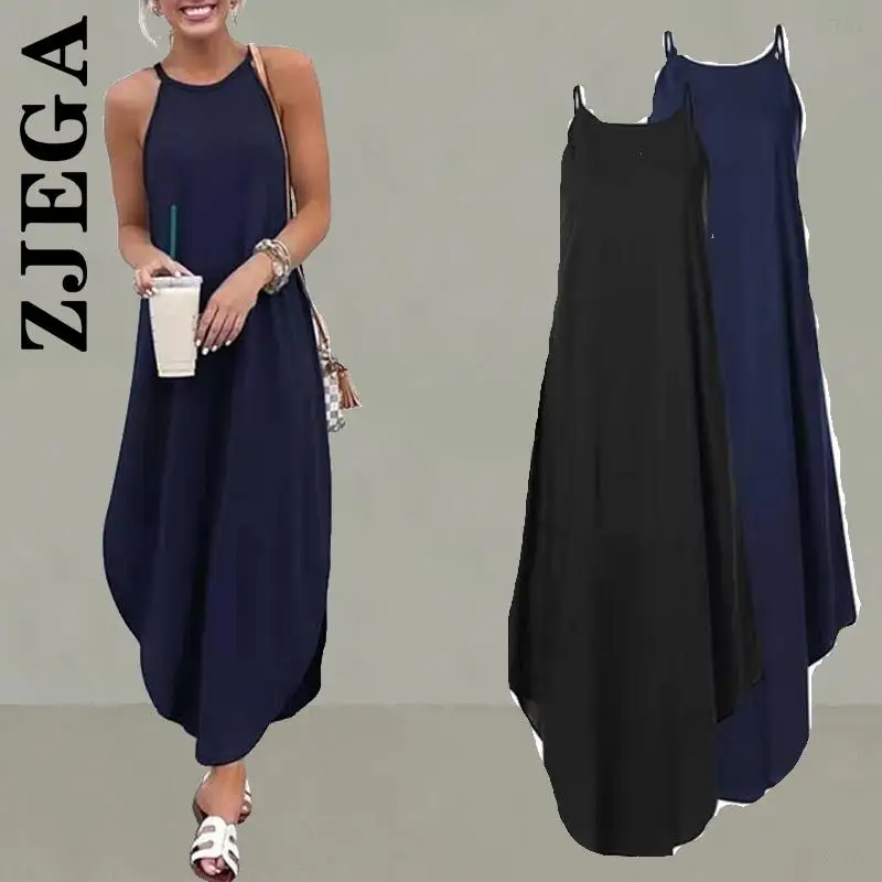 

Zjega Dress New Women Slim Round Neck Sling Fashion Beach Long Dress Elegant Popular Robe Girl Chic Vestidos Clothing Female