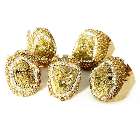 Асимметричное Открытое кольцо с драгоценным кварцем для женщин, микро инкрустация желтого цветов, с золотым покрытием, в стиле бохо, Ювелирное Украшение на палец с изменяемым размером