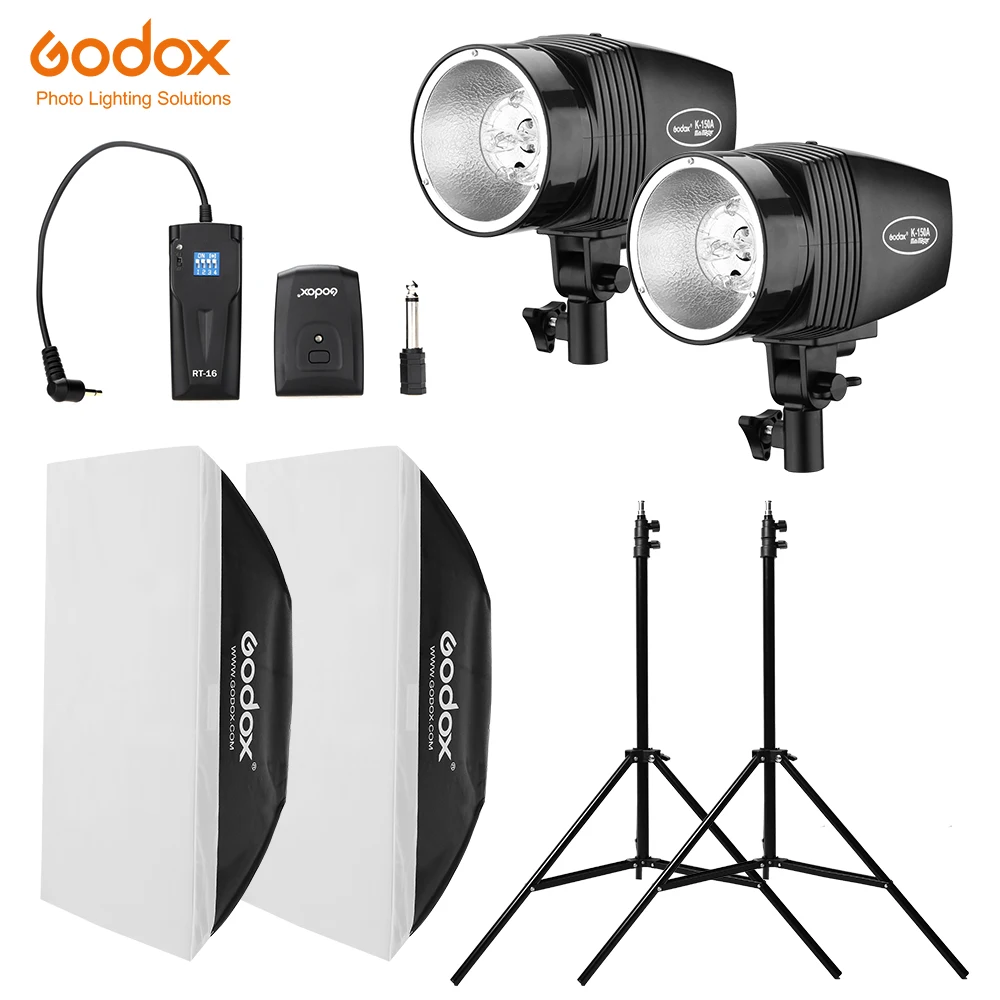

Godox 300Ws 2x 150Ws Strobe Studio Flash Light Kit With RT-16 Trigger Lamp; 2x 50x70cm Softbox Lamp; 2x 190cm Light Stand