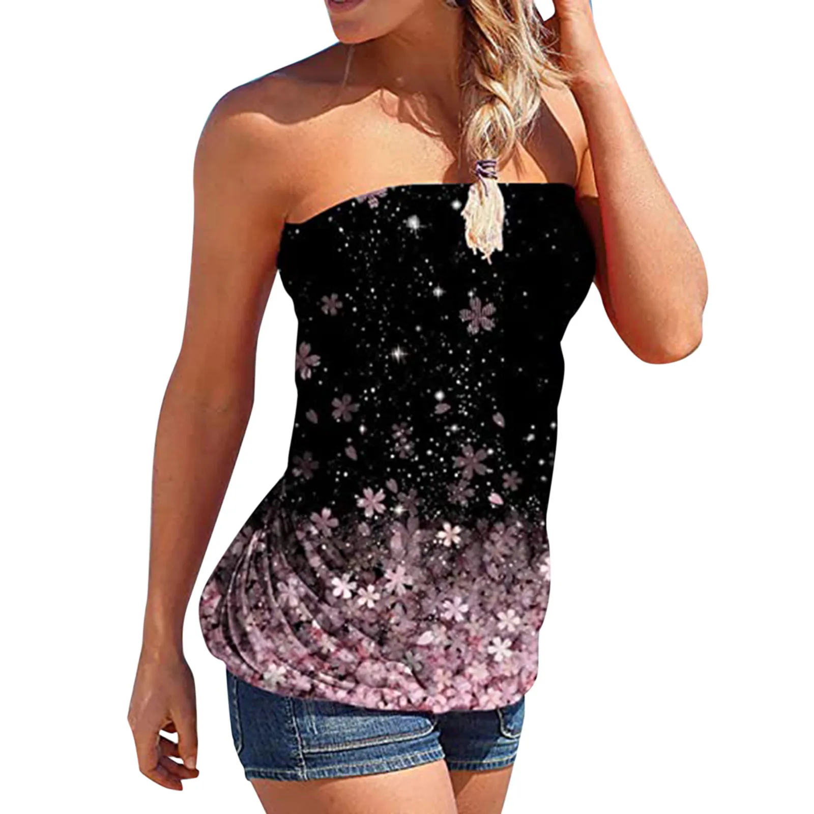 

Женский топ-бандо без рукавов, Повседневная Свободная майка с цветочным принтом, необычный Топ для отпуска, лето