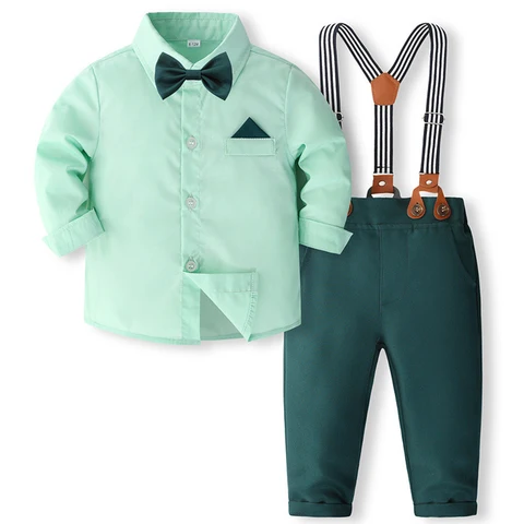 Комплект из 4 предметов для мальчиков на весну и осень, Модная хлопковая одежда для джентльмена, Топ с длинным рукавом, брюки, ремешки и галстук, детская одежда, женская одежда