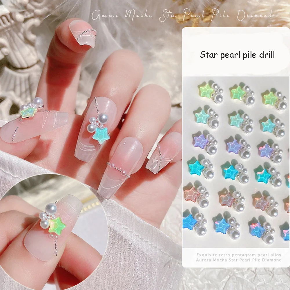 

10Pcs Star Pearl Pile Drill Nail Art Charms 3D Summer Macaroon Star Inlaid Pearl Nail jewelry New Luxury DIY Nail Accessories