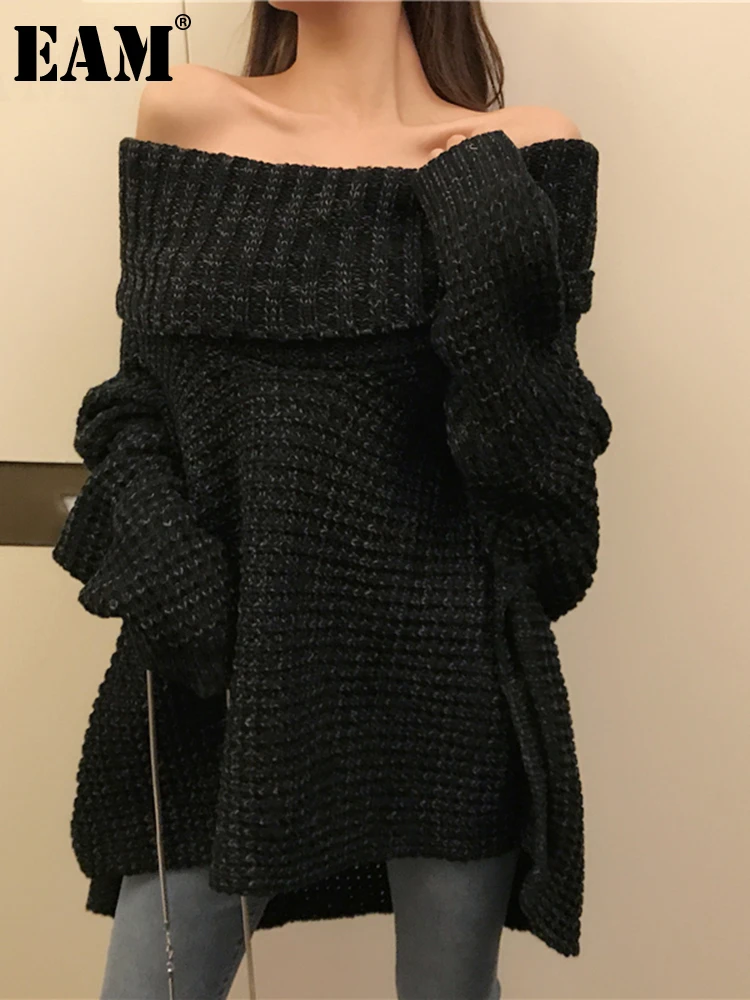 

[EAM] Black Irregular Knitting Sweater Vest Loose Fit Slash Neck Sleeveless Women New Fashion Tide Autumn Winter 2022 1Y659