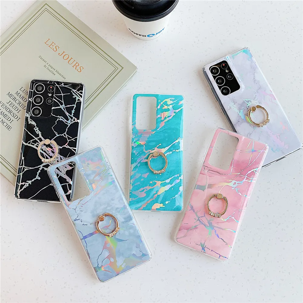 

Laser Gradient Marble Phone Case For Samsung S7 Edge S8 S9 S10 S20 S21 Plus Ultra FE Lite S10e Grip Ring Holder Soft Cover