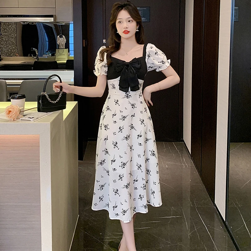 

Женское миди-платье Y2K с пышными рукавами и черным бантом, летнее корейское Модное Элегантное облегающее шикарное платье, повседневное пляжное платье, 2023