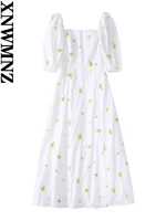 xnwmnz summer woman chic floral embroidered poplin dress women elegant square neck short puff sleeves midi dresses for womens