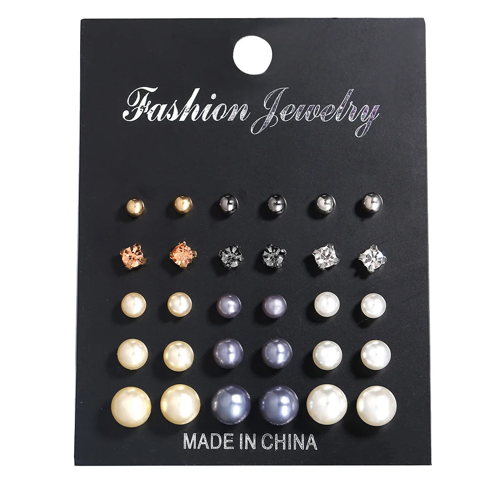 

Fashion 15 pairs/set Crystal Simulated Pearl Earrings Set Women Jewelry Piercing Ball Stud Earrings Brincos Wedding Gift
