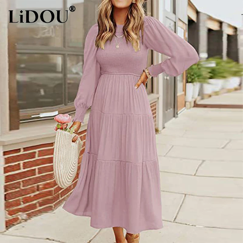 

Spring Autumn Elegant Fashion Long Sleeve Shirring A-line Casual Midi Dresses Women Beach Holiday Solid Dress Robe Femme Vestido