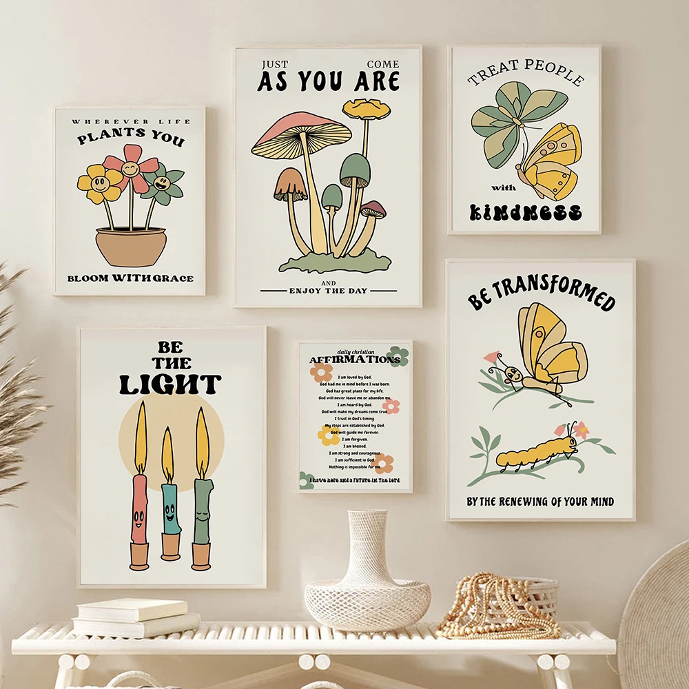 

Christian Quote Wall Art Retro Flower Print Pink Encouraging Aesthetic Butterfly Canvas Painting Kids Room Home Decor Pictures