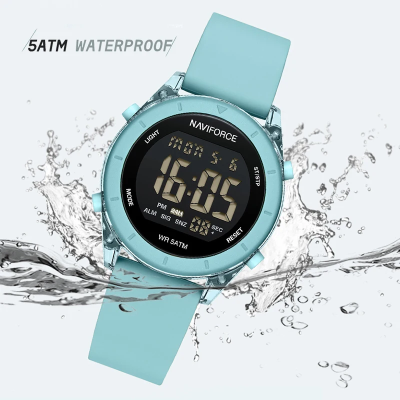 głosem NAVIFORCE nowe zegarki damskie LCD cyfrowy wyświetlacz Trend w modzie Fumed pasek krzemionkowy damski zegarek na rękę 5ATM wodoodporny