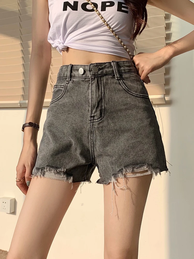 New Summer Women Hole Frayed Retro Denim Shorts Streetwear Female High Waist Button Wide Leg Jeans Shorts Bottoms