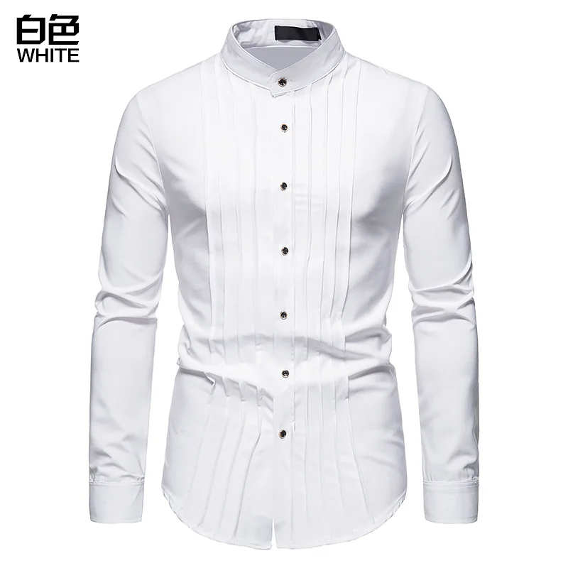 New Cutout Men's Business Shirts Pleated Henley Collar Long Sleeve Shirts Professional Wear Personalized Men's 2022 Shirts