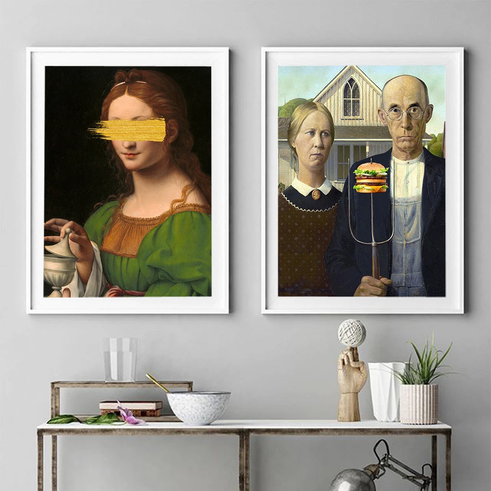

Funny American Gothic with Burger Canvas Painting Altered Art Vintage Portrait Woman Renaissance Wall Pictures Kitchen Prints