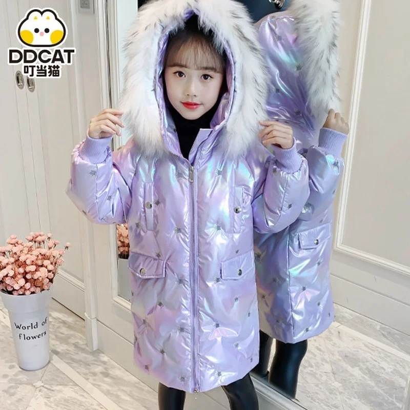 

Winter Fashion Shiny Coat for Girls Thicked Warm Cotton Clothes Hooded Fur Collar Parka Mid Length Outerwear Down Jacket 4-1 4 Y