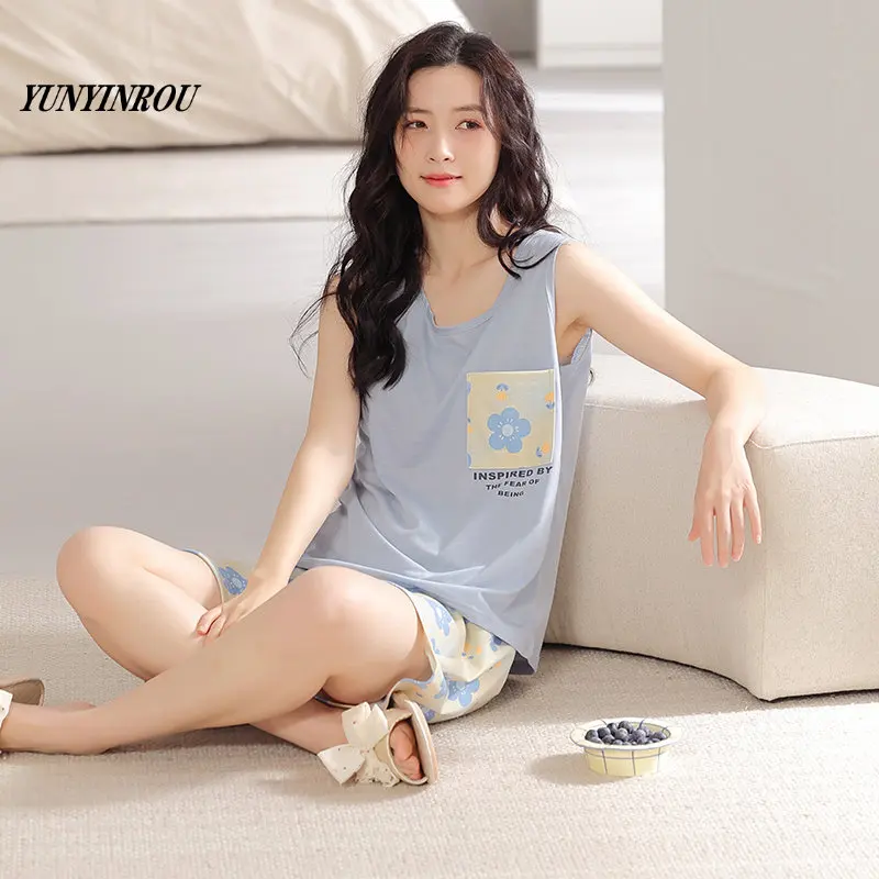 

Пижама женская из искусственного хлопка, элегантный пижамный комплект с цветочным принтом, повседневная одежда для сна, домашняя одежда без рукавов, 4XL, на лето