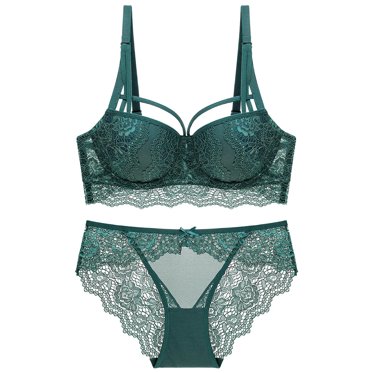 

Sexy Hollow Push Up Bra Set Women Lace Embroidery Underwear Hot Sale Olive Green Romantic Brassiere and Breathable Panties Set