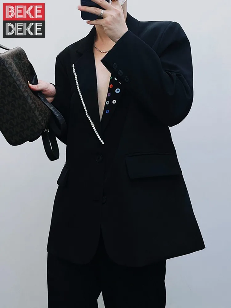 

High Street Men Fashion Colorful Buttons Diamonds Blazer Jacket Loose Fit Business Casual Party Suit Coat Autumn Banquet Blazers