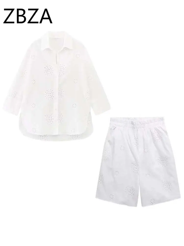 

Женские комплекты из 2 предметов ZBZA, новинка 2023, модные вышитые рубашки и топы, женский костюм, повседневные шорты, летний комплект
