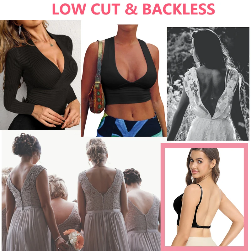 Women's Essentials Deep U Multi-Way Push Up Convertible Low Cut Plunge Bra Shapewear Underwire Seamless Padded Body Shaper