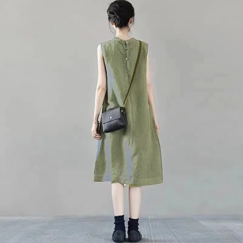 Однотонное длинное платье из хлопка и льна женское летнее однобортное свободное