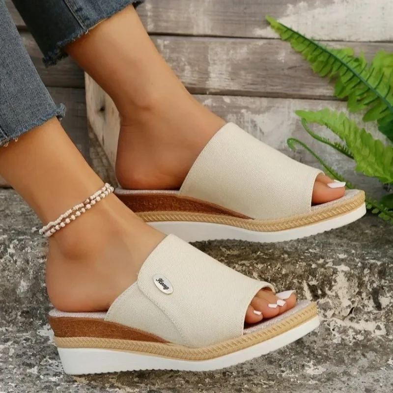 Zapatillas De tela elegantes para Mujer Zapatos plataforma con닥 abierta y cuña a la moda novedad verano 2024