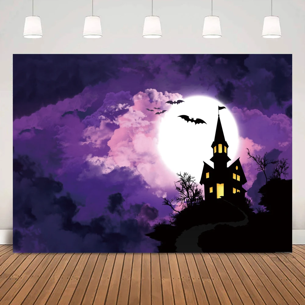 

Фиолетовый таинственный облака замок ночь фон Хэллоуин вечерние комната день рождения декорация фотозона Студия фотография Стенд