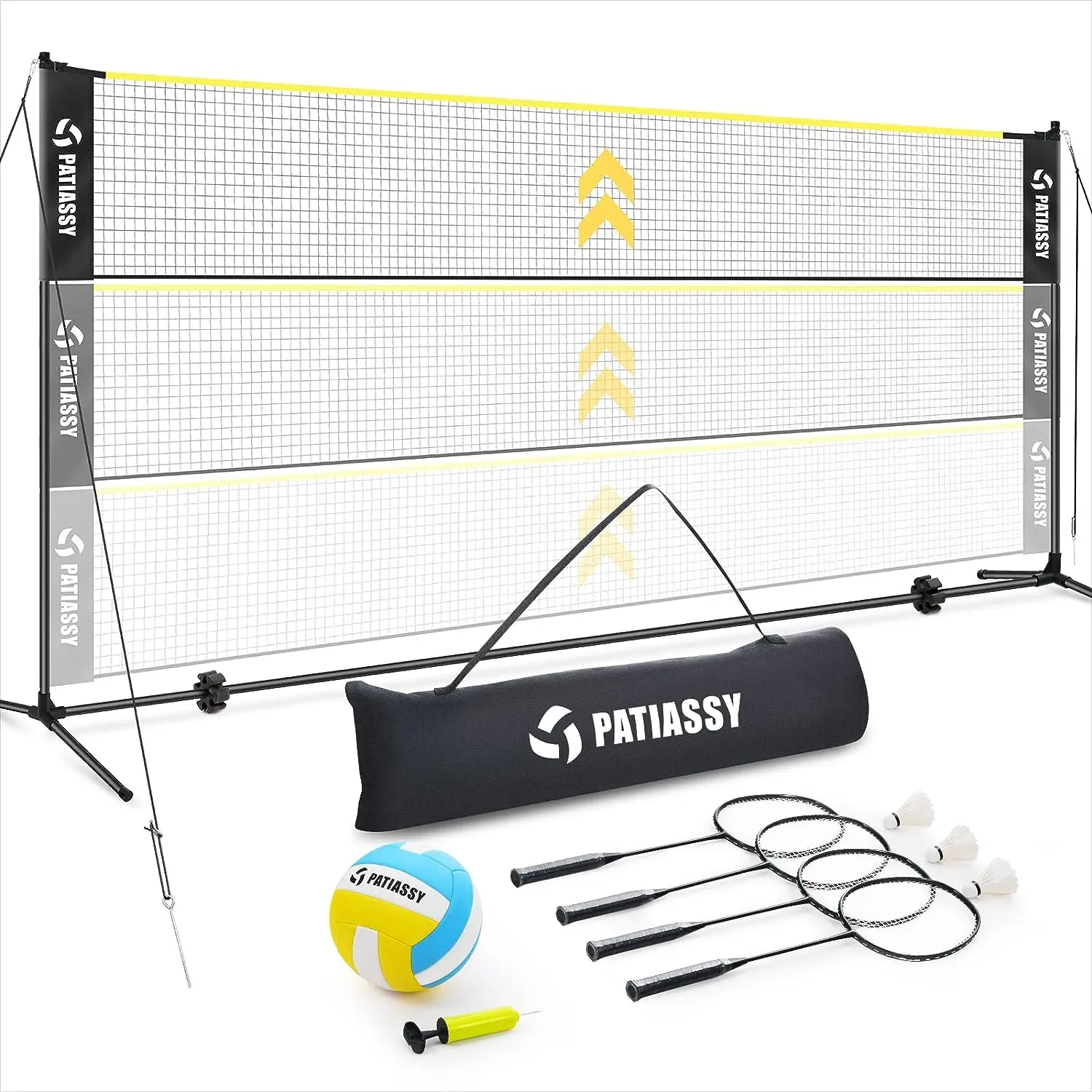 

5.1ft-7.4ft Adjustable Height Volleyball Badminton Net Set 17ft Portable Sports Net with Poles, 4 Badminton Rackets, 3 Shuttleco