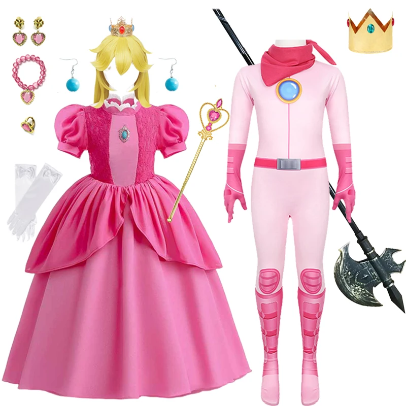 Peach Princess Cosplay Dress Girl Movie Role Playing Costume Birthday Party Stage Performace Outfits Kids Carnival Fancy Clothes