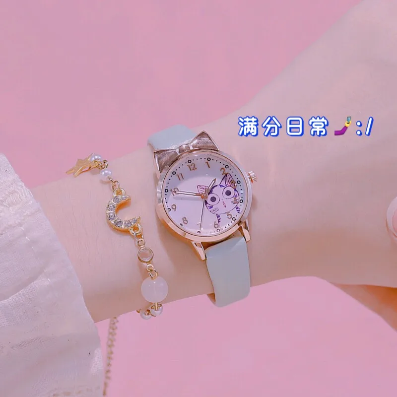 Часы наручные женские кварцевые с мультяшным котом и цифрами