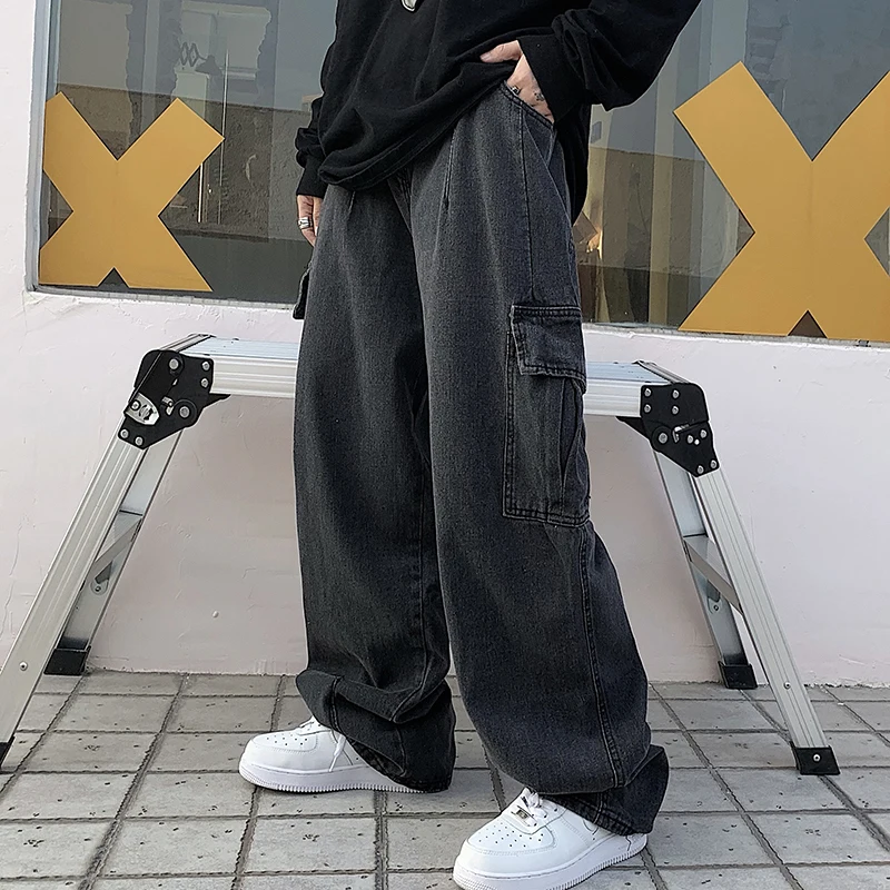 

Dark Blue Vintage Cargo Jeans Women's 2022 Autumn Y2k Streetwear Loose High Waisted Jeans Straight Wide Leg Cargo Jeans Women's