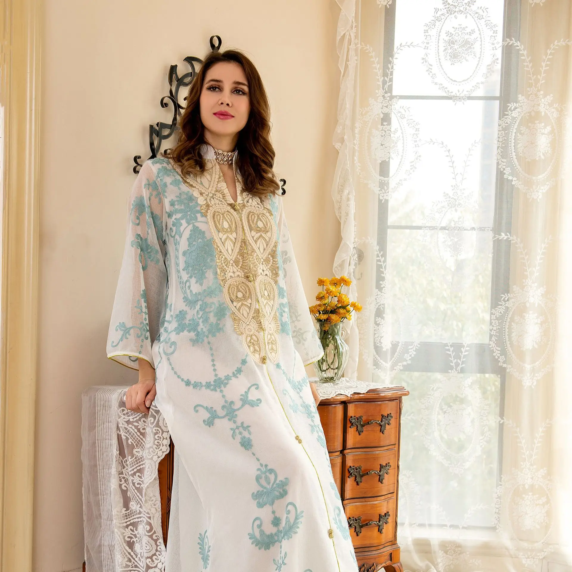 Eid Mubarak Abaya Dubai Turkey Mesh Muslim Fashion Arabic Dress Embroidery Evening Party Caftan Dresses for Women Kaftan Islam